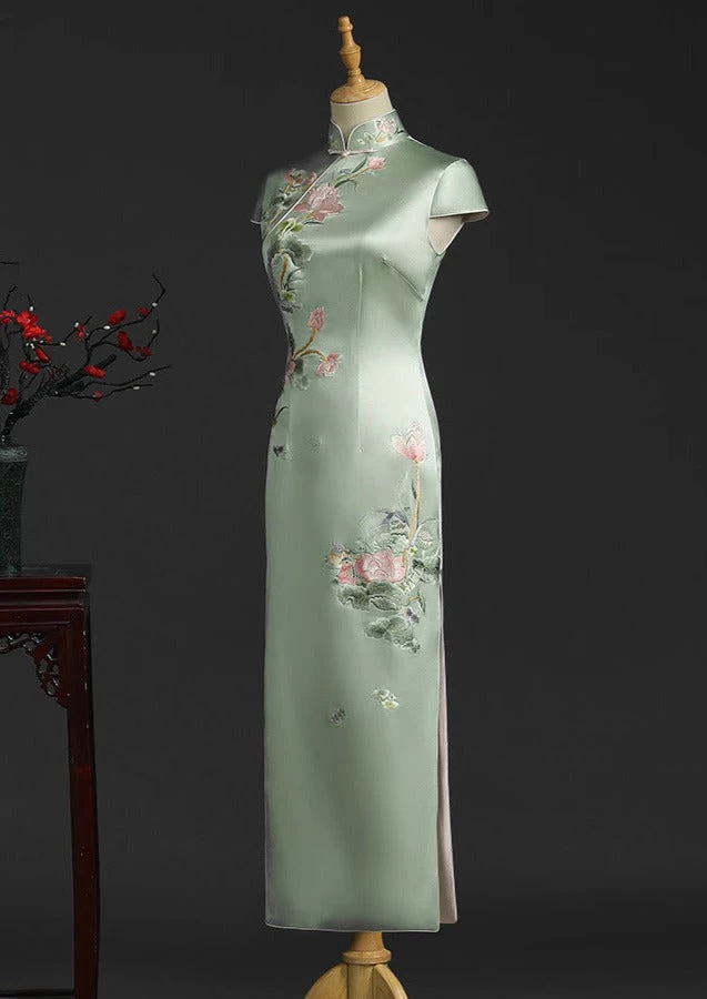 Women Silk Green Lotus Custom Made Qipao Cheongsam for Formal Events | HANFUBAO