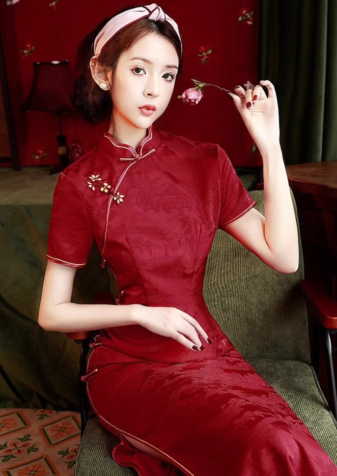 Women’s Acetate Satin Modern Hanfu Qipao Dress Wine Red | HANFUBAO