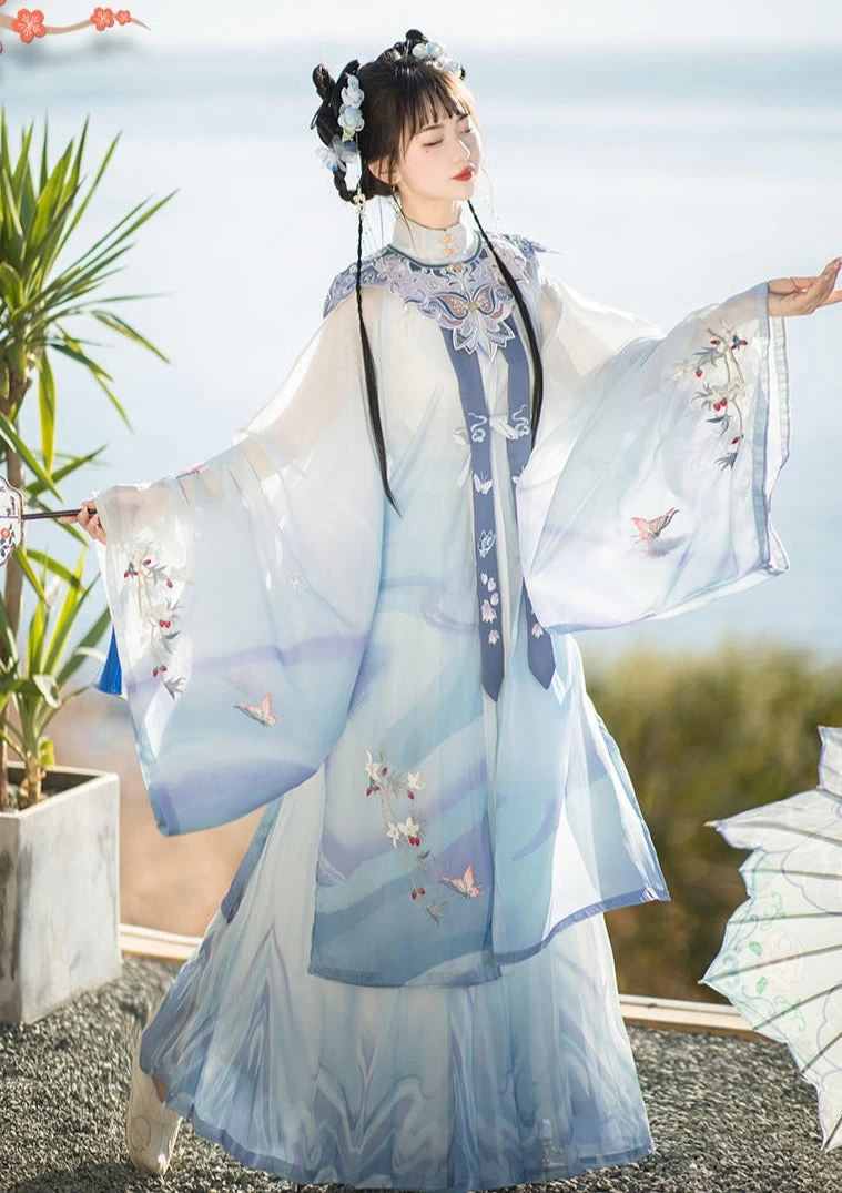 Women 5-Piece Blue Butterfly Floral Embroidered Hanfu Dress Set | HANFUBAO
