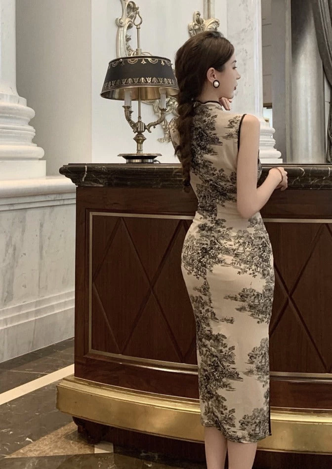 Women's Vintage Ink Wash Printed Beige Qipao Cheongsam Dress| HANFUBAO