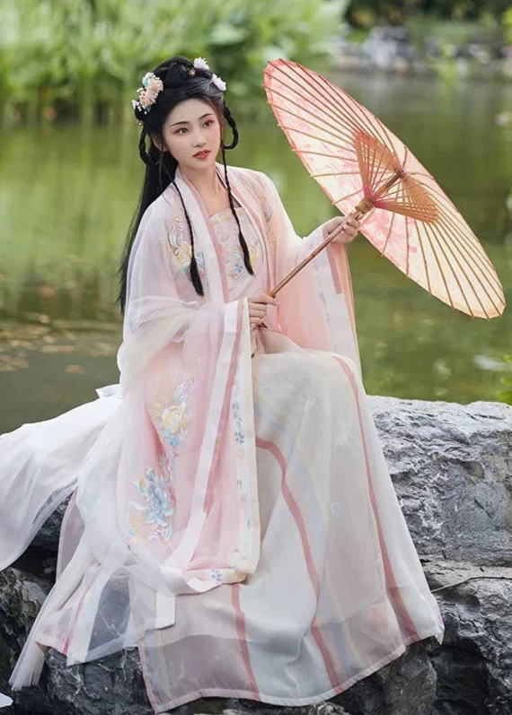 Women’s Plus Size Embroidered Chiffon 5-Piece Hanfu Set for Festivals | HANFUBAO