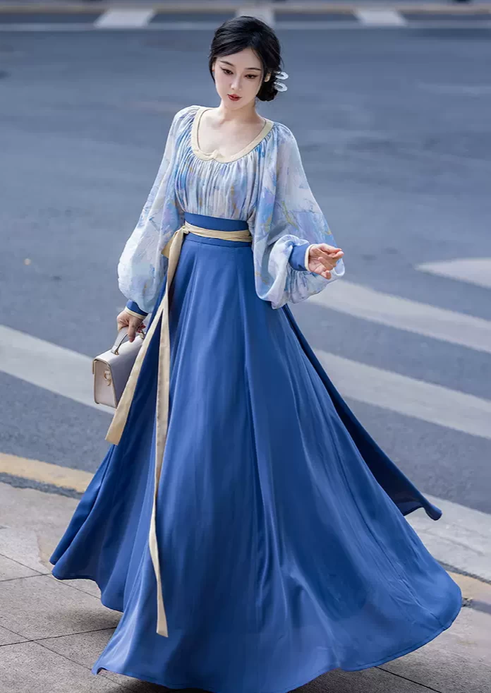 Women Modern Hanfu 2-Piece Artificial Silk Set, Van Gogh Sea Print | HANFUBAO