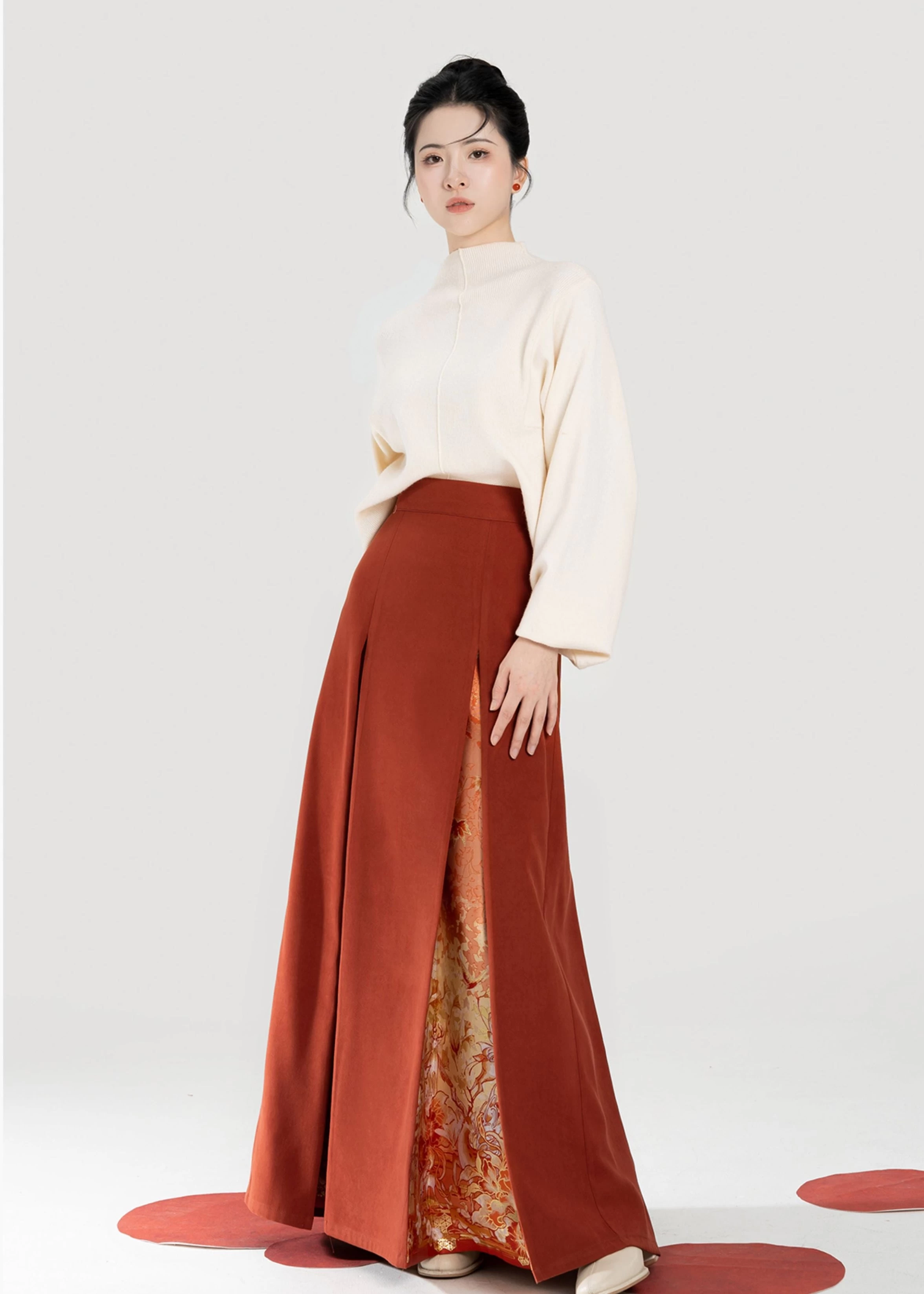 Women’s Modern 2-Piece Daily Hanfu Sweater & San Jian Skirt Set Maple Orange | HANFUBAO