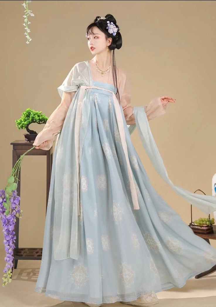 Women Tang Dynasty Daily Hanfu Set Chiffon Floral Plus Size | HANFUBAO