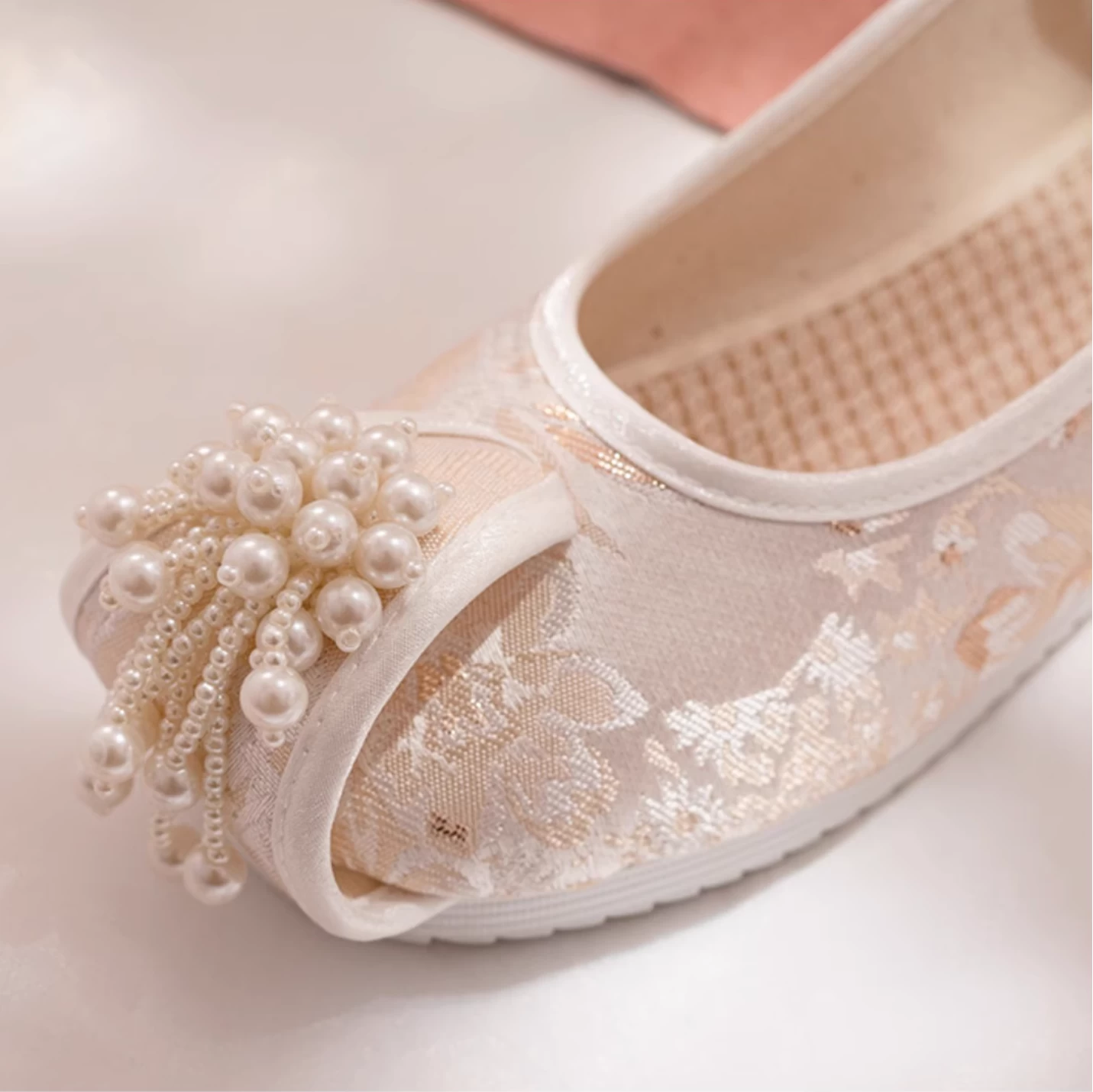 HANFUBAO | Women Canvas Hanfu Flats White Pearl Floral Embroidery US 5-8.5