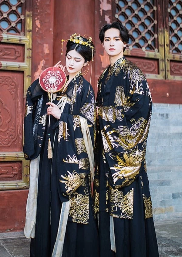 Men Modern Hanfu Couple Set Black Gold Daisy  Daily Wear | HANFUBAO