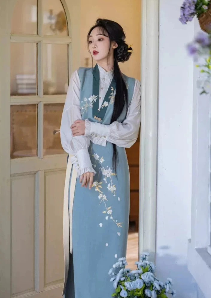 Women Modern Daily Hanfu 4-Piece Set Pear Blossom Print| HANFUBAO