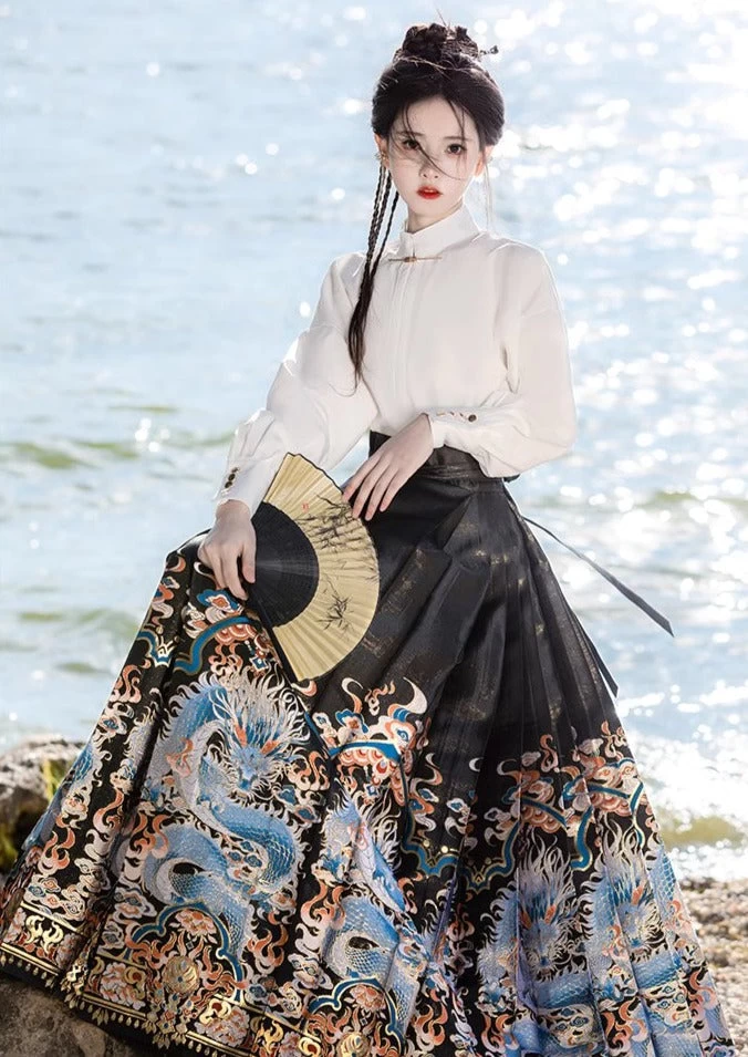 Women Modern Ma Mian Hanfu Skirt Dragon Embroidery Plus Size| HANFUBAO