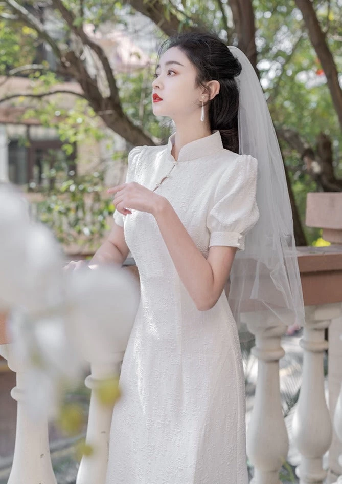 HANFUBAO | Women  Modern Hanfu Bridal Qipao Dress White Embroidery S-XL