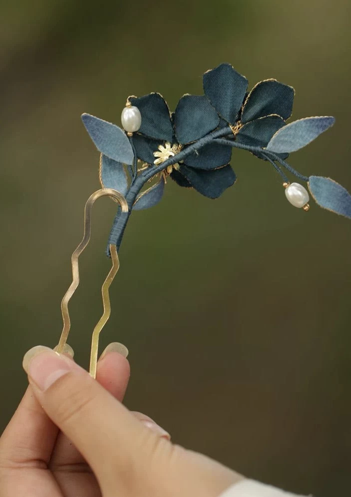 Women Floral Blue Lotus Fabric Hairpin with Faux Pearl 12cm| HANFUBAO