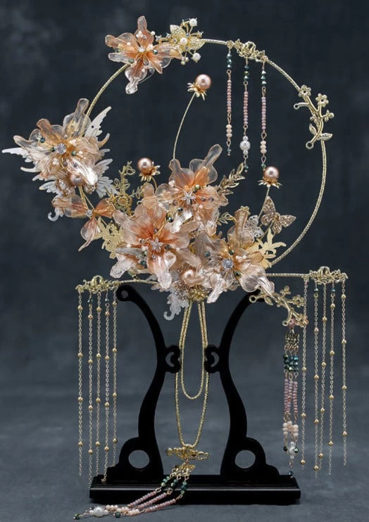 Women’s Gemstone Alloy Bridal Hand Fan, Black Stand | HANFUBAO