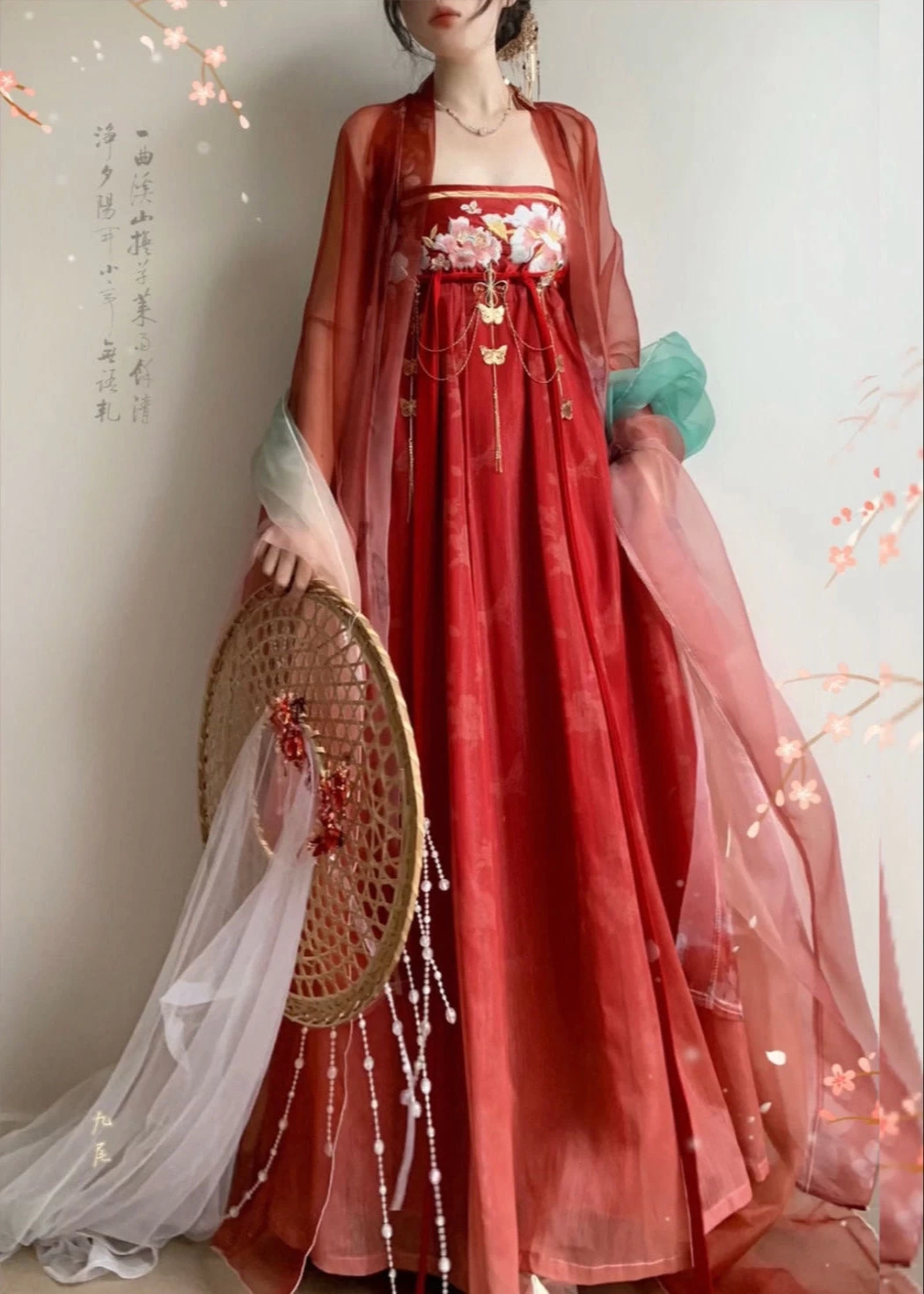 Women's Plus Size 3-Piece Chiffon Hanfu Dress Set Crimson Red| HANFUBAO