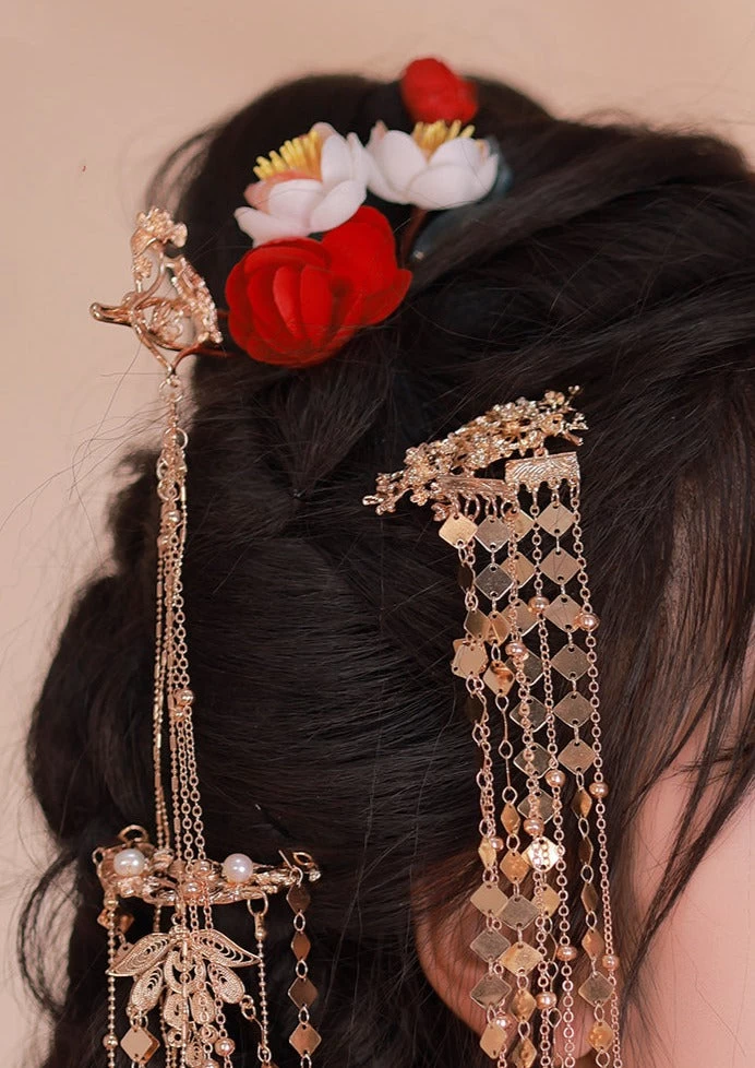 Camellia 6pcs Floral Hanfu Hairpins for Daily Styling, Yarn & Metal 10cm| HANFUBAO