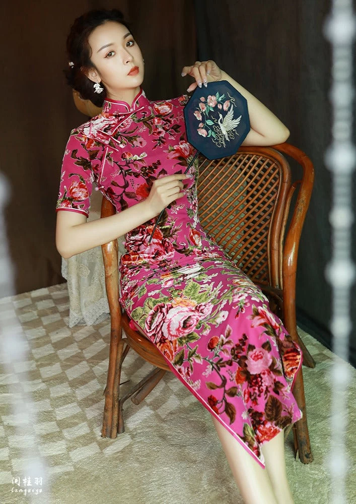 Women Velvet Modern Hanfu Qipao Cheongsam Pink Rose | HANFUBAO