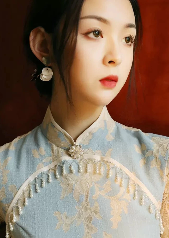 Women Lace Qipao Dress High Slit Zipper Back| HANFUBAO