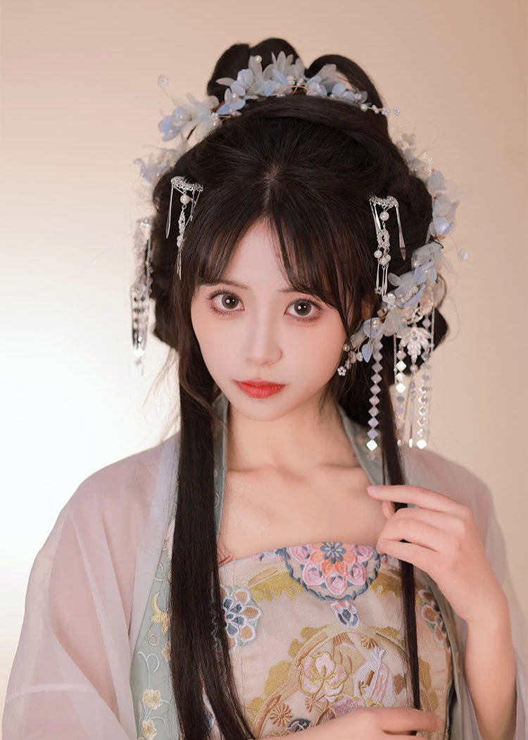 Women Hanfu Yarn Flower Hair Pieces & Earrings Set Snow White Orchid | HANFUBAO