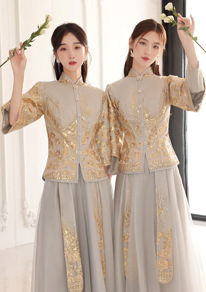 Women Chinese Style Hanfu Dress Set Gray  Bridal Party | HANFUBAO