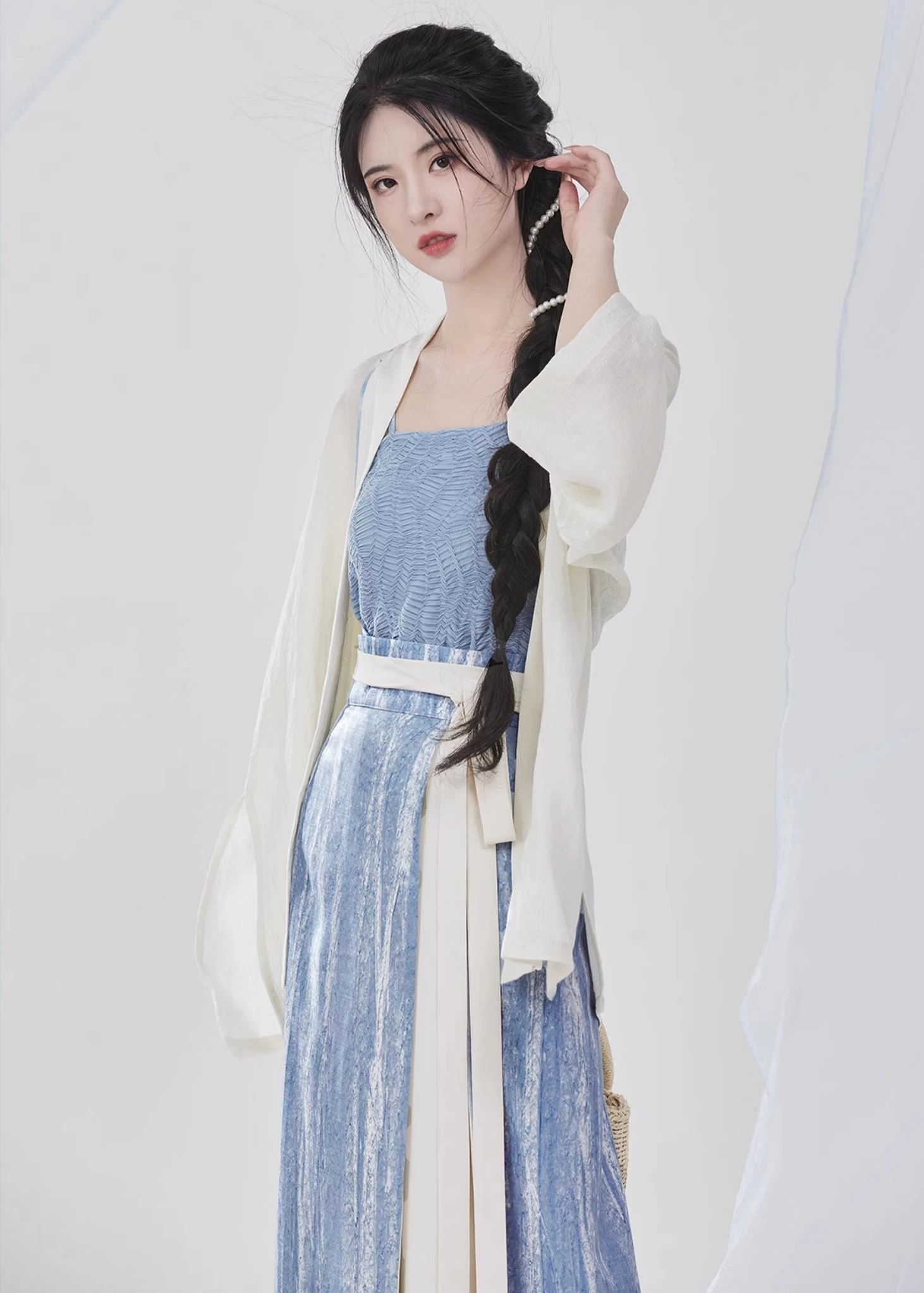 Women Modern Chiffon Hanfu 3-Piece Set Sea Breeze Blue | HANFUBAO