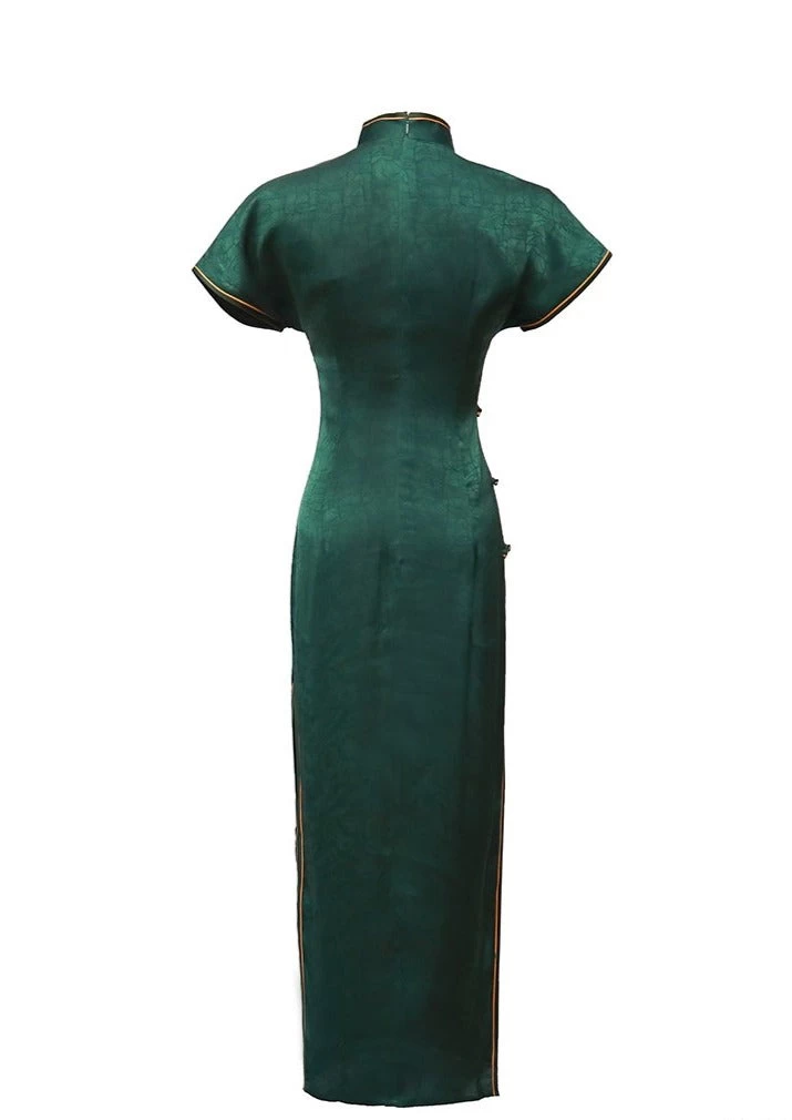 Women Daily Hanfu Jasper Green Qipao Dress High Slit Gambiered Gauze| HANFUBAO