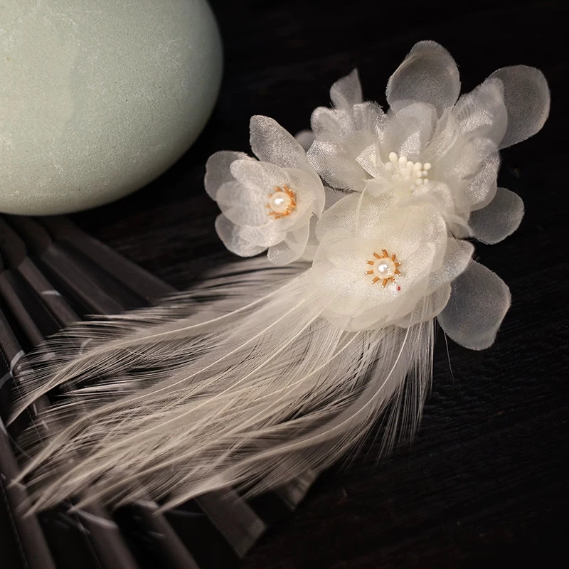 Women Shrink Plastic Hanfu Feather Hair Clip, 3-Color Floral | HANFUBAO
