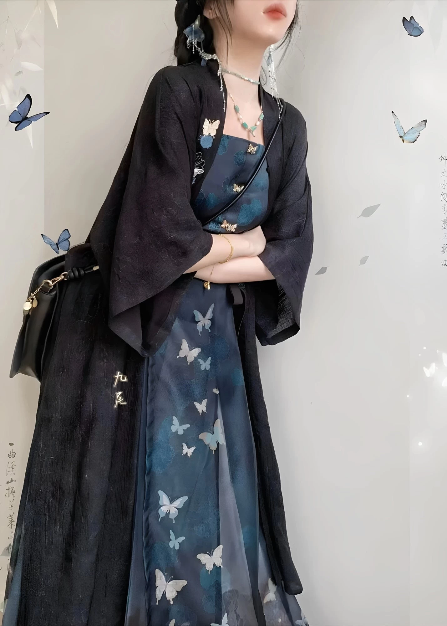 Women Plus Size Chiffon 3-Piece Daily Hanfu Set Butterfly Print | HANFUBAO