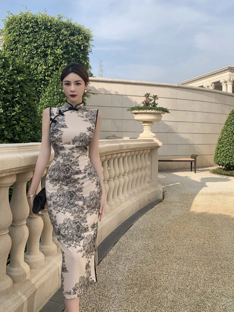 Women's Vintage Ink Wash Printed Beige Qipao Cheongsam Dress| HANFUBAO