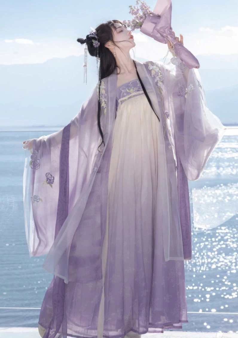 Women Tang Style 4-Piece Lilac Floral Embroidered Chiffon Hanfu Set| HANFUBAO