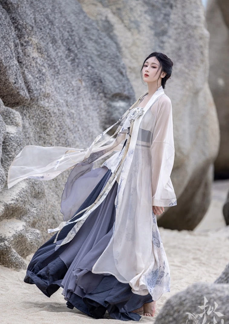 Women Daily Hanfu 3-Piece Modern Ivory Dress Set, Lab Silk Cotton | HANFUBAO