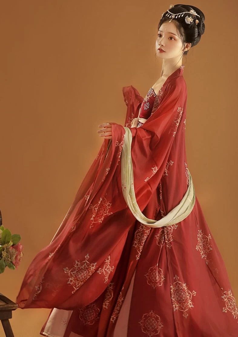 Women's Chiffon Vintage Floral Embroidered Red Hanfu Dress Set | HANFUBAO