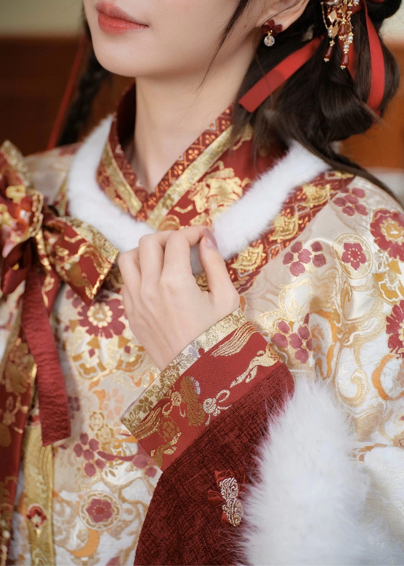 HANFUBAO | Women Brocade Hanfu 3-Piece Dress Set New Year Red Gold S-XL