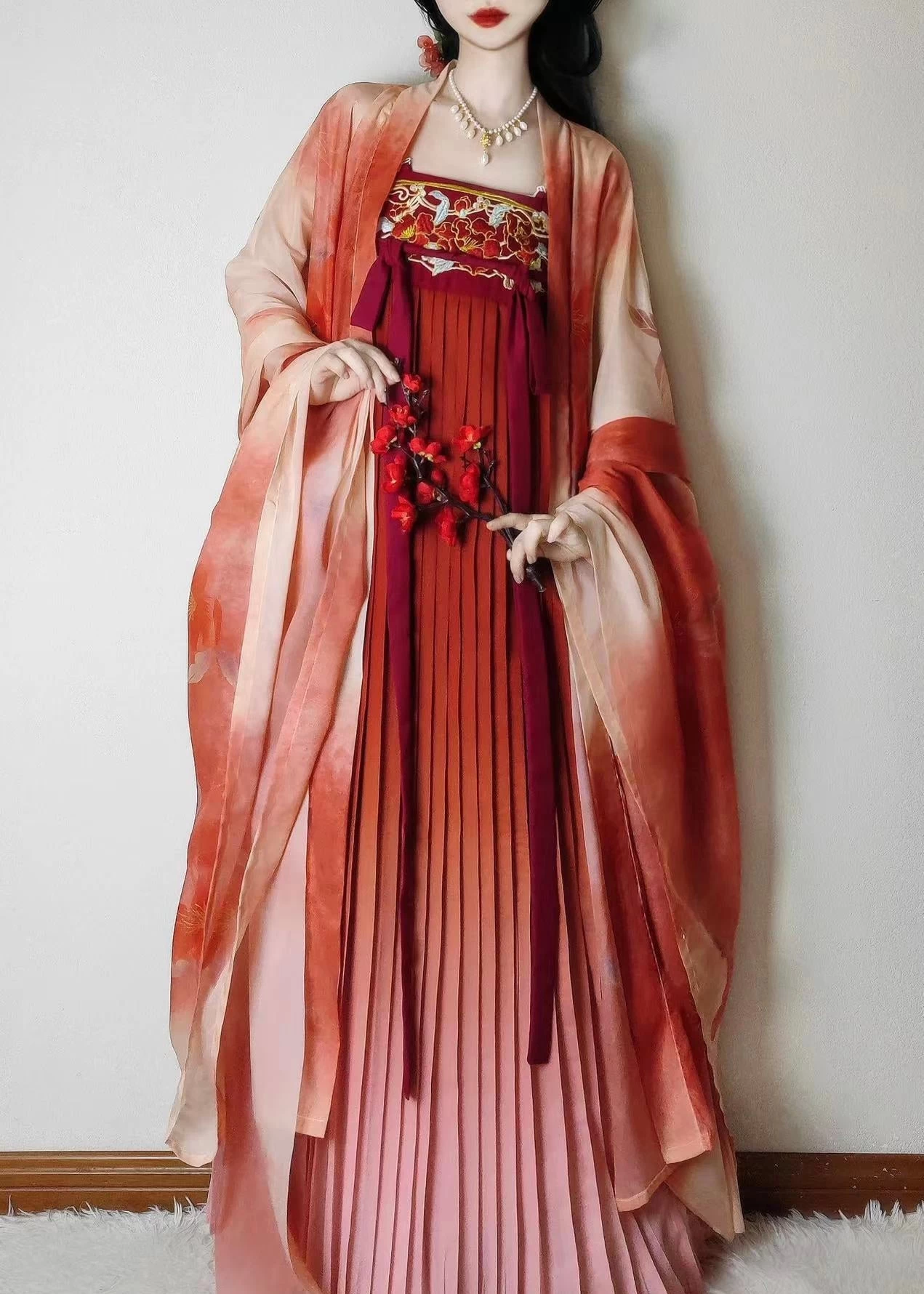 Women's Plus Size Chiffon 3-Piece Hanfu Set Camellia Skirt Coverup Shawl | HANFUBAO