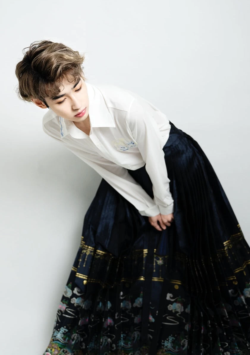 Unisex Modern Hanfu Daily Wide-Hem Skirt Black  | HANFUBAO