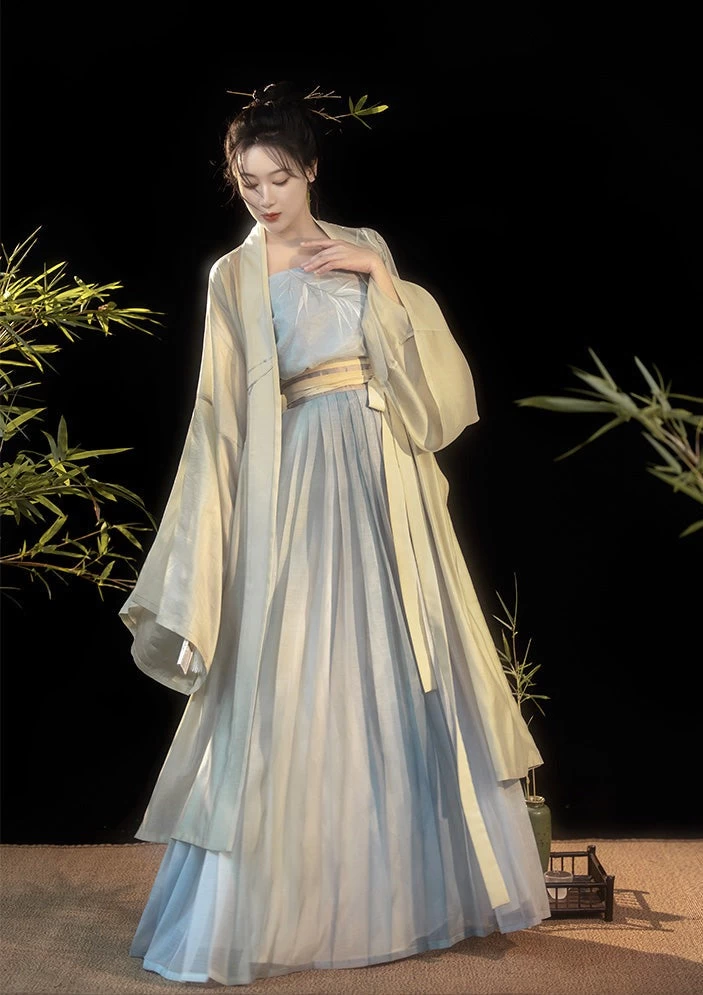 Women's Song Dynasty Daily Hanfu Set Blue Embroidered Lyocell Dress | HANFUBAO