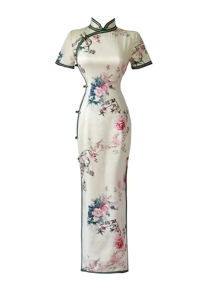 Women's Acetate Satin Qipao Cheongsam Ivory Rose Floral Plus Size| HANFUBAO