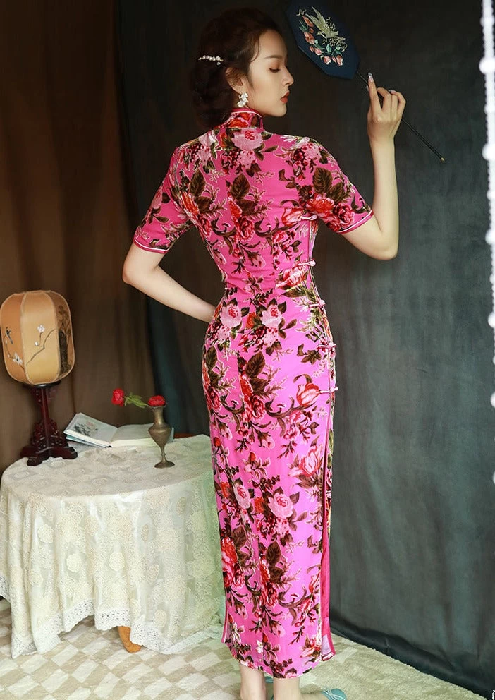 Women Velvet Modern Hanfu Qipao Cheongsam Pink Rose | HANFUBAO