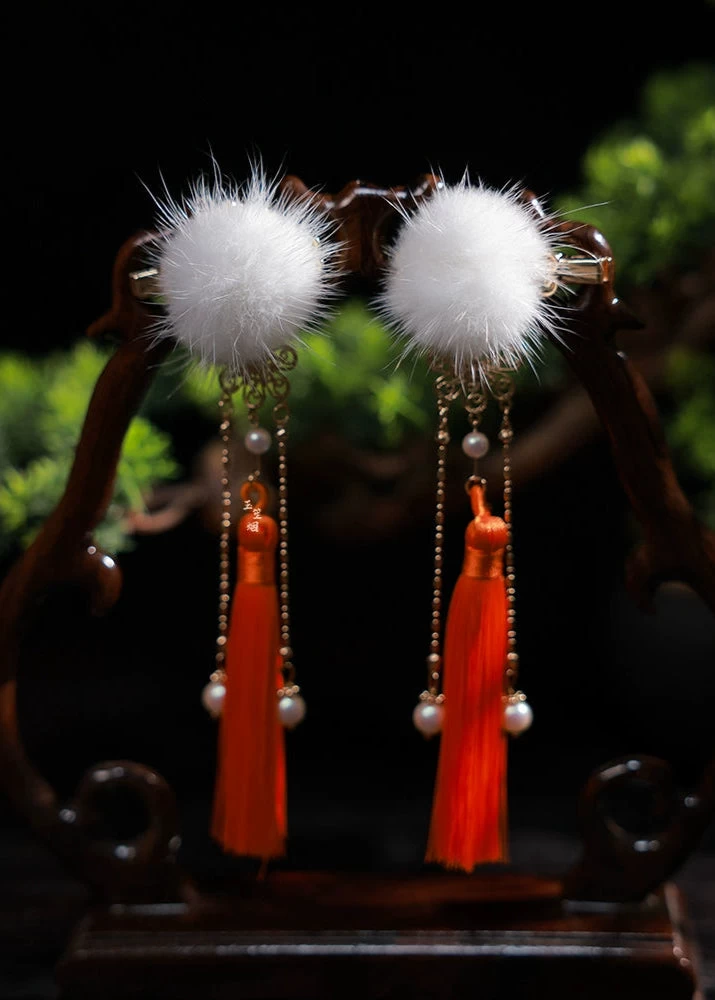 Unisex Hanfu Mink Fur Pom Hair Pieces Snowball White Set of 2 | HANFUBAO