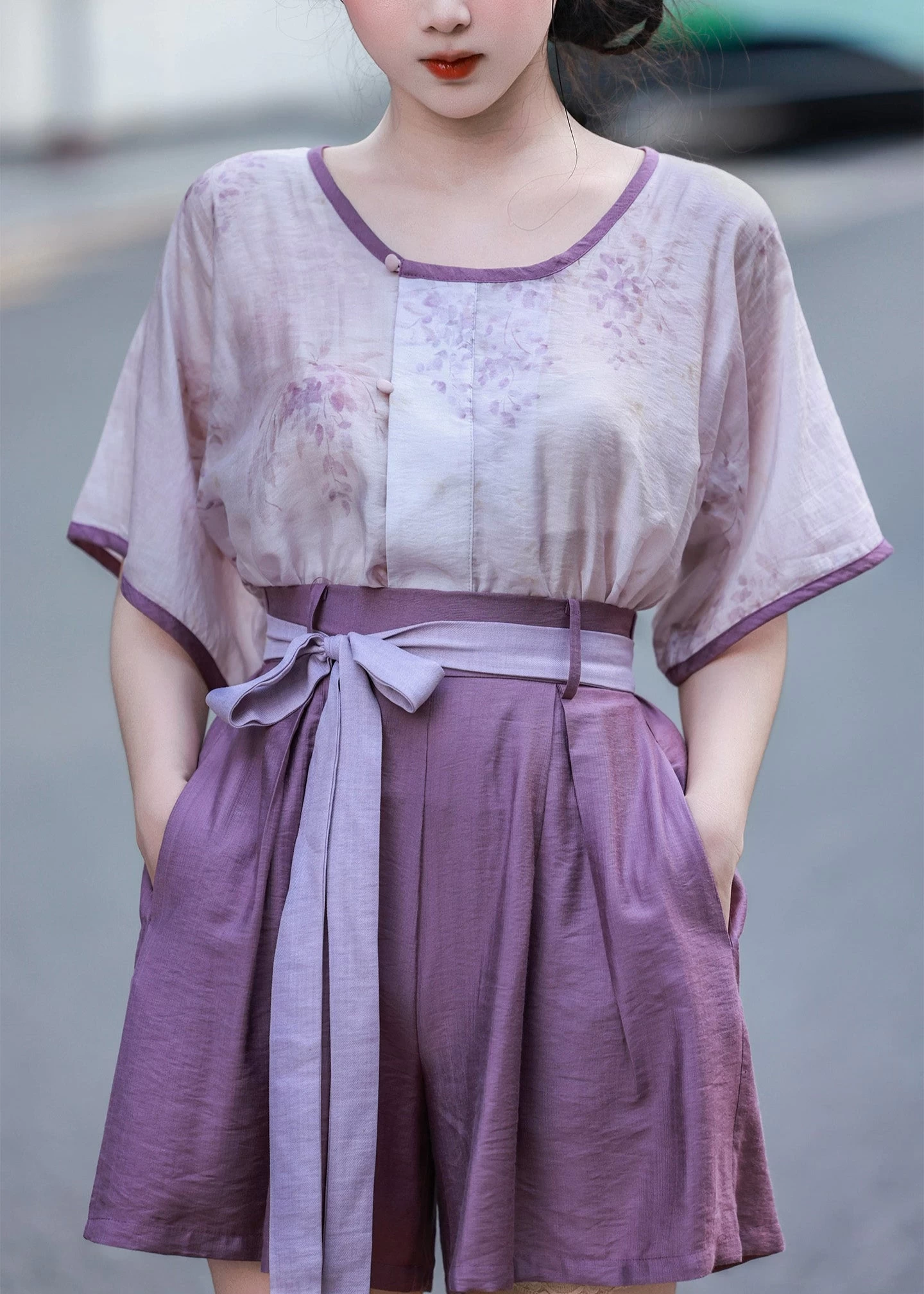 Women Rayon Blend Modern Daily Hanfu 3-Piece Set Purple Wisteria | HANFUBAO