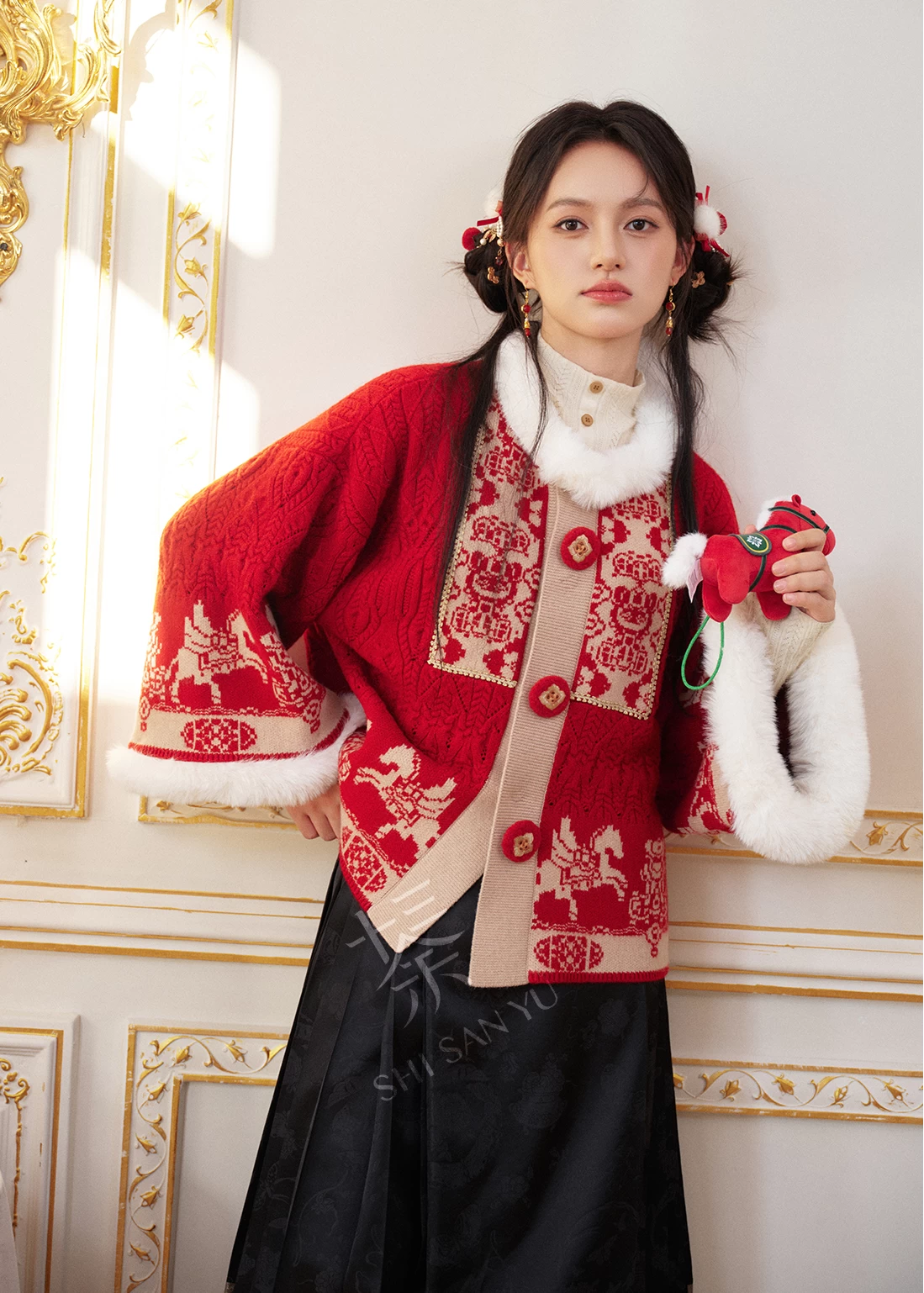 HANFUBAO | Women Acrylic Modern Hanfu Knit 3pc Set Festive Red Embroidery S-L