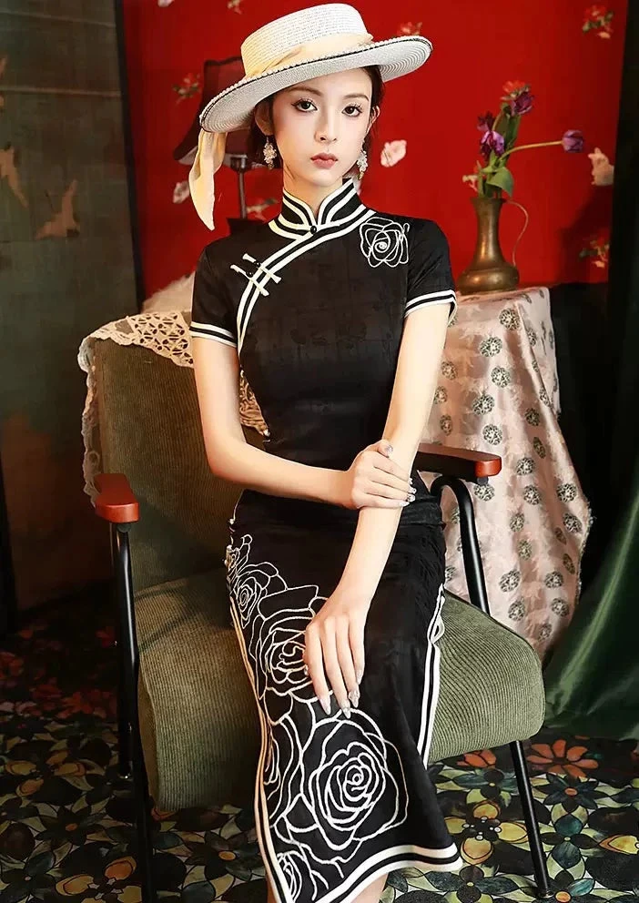 Women’s Acetate Jacquard Black Rose Qipao Dress, High Slit| HANFUBAO