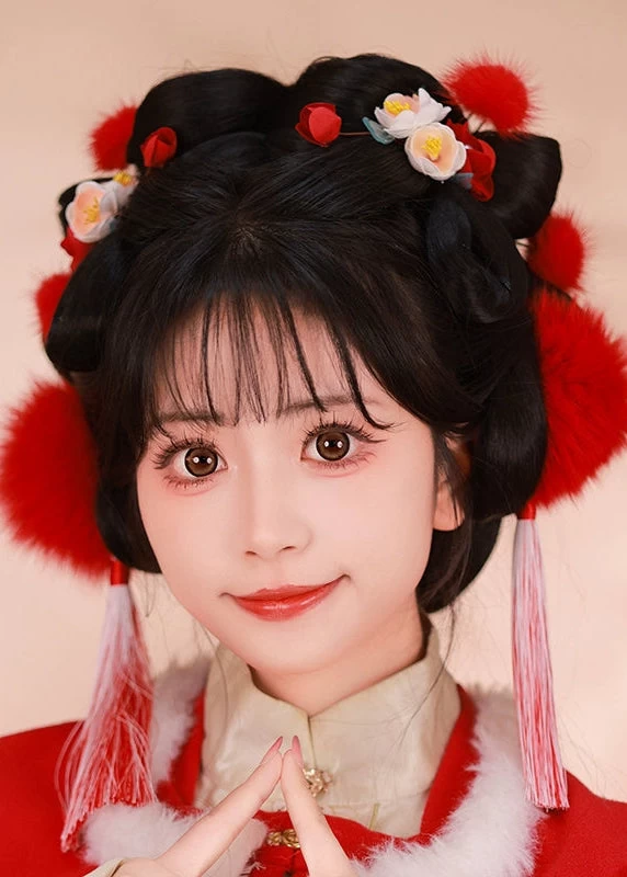 Women Fox Fur Hanfu Hair Pom Poms Snow White Set of 6 | HANFUBAO