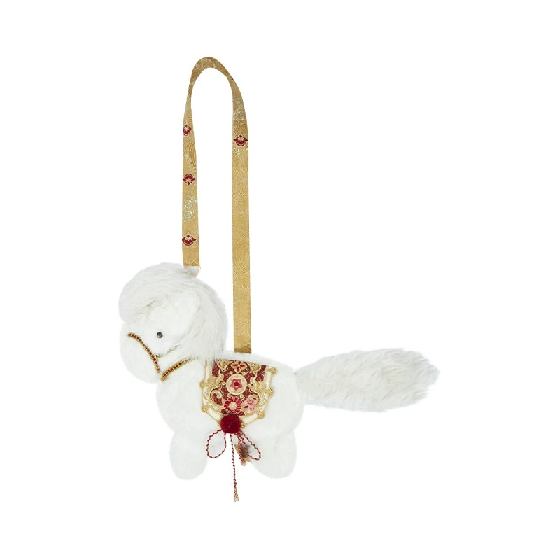 HANFUBAO | Women Faux Fur Hanfu Shoulder Purse White Horse Embroidered Red/Gold