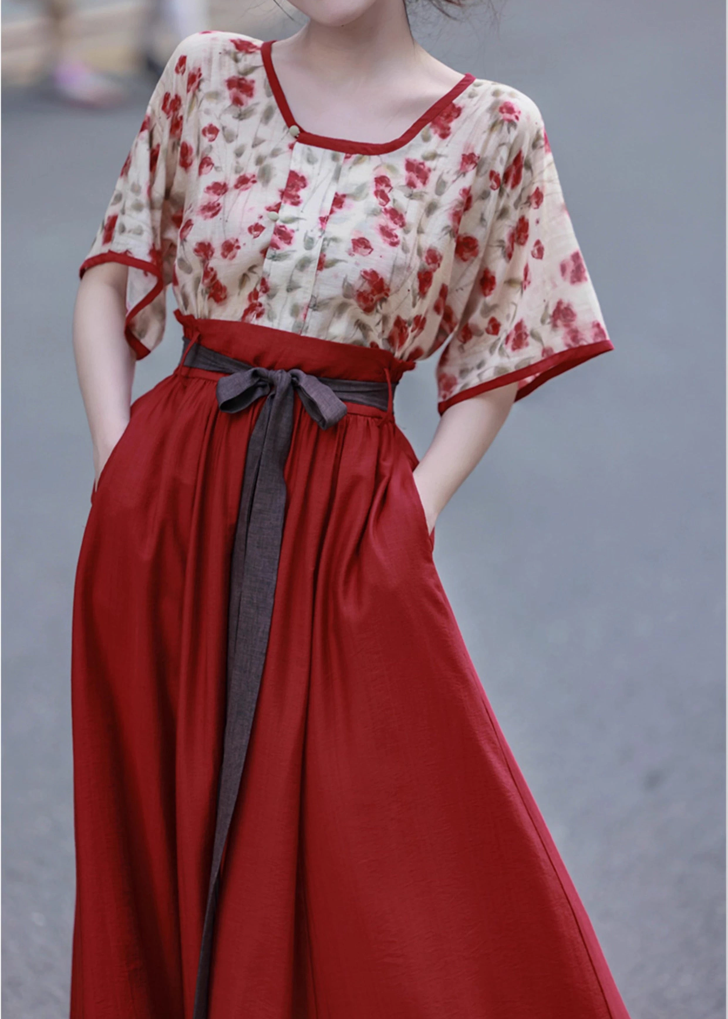 Women Modern Hanfu Linen-Blend 2pc Top Skirt Set Rose Tea | HANFUBAO