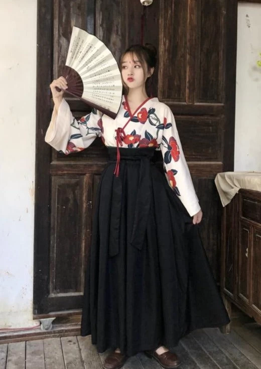 Women's Modern Daily Hanfu Set Black Camellia Print Plus Size | HANFUBAO
