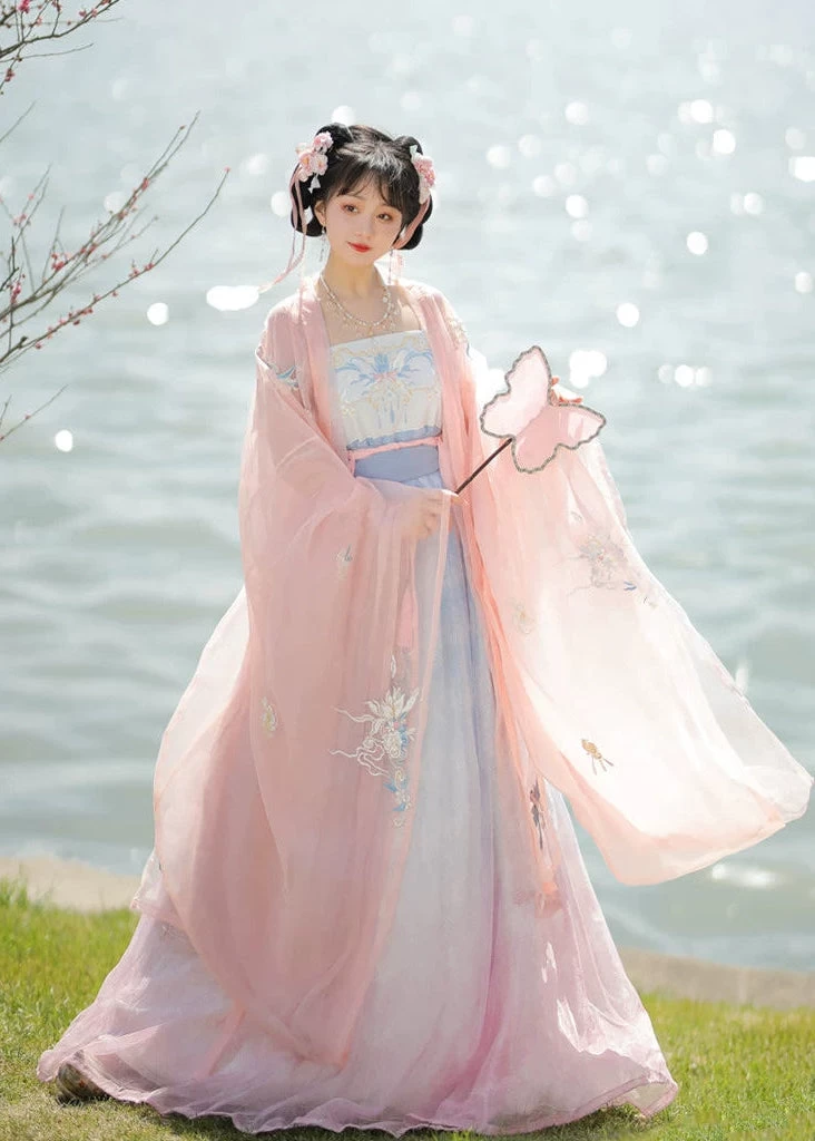 Women Modern Hanfu Chiffon Dress Set Pink Aqua 4-Piece | HANFUBAO