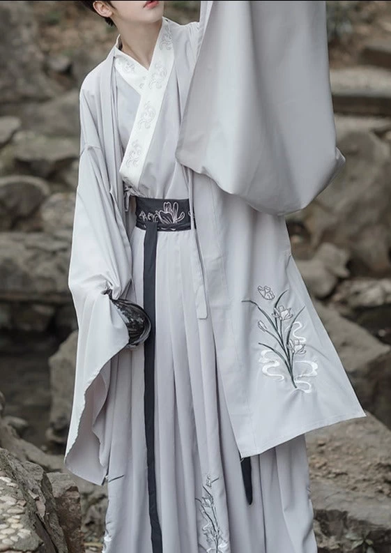 Men's Daily Hanfu Set White Orchid Embroidery Yarn  Plus Size | HANFUBAO