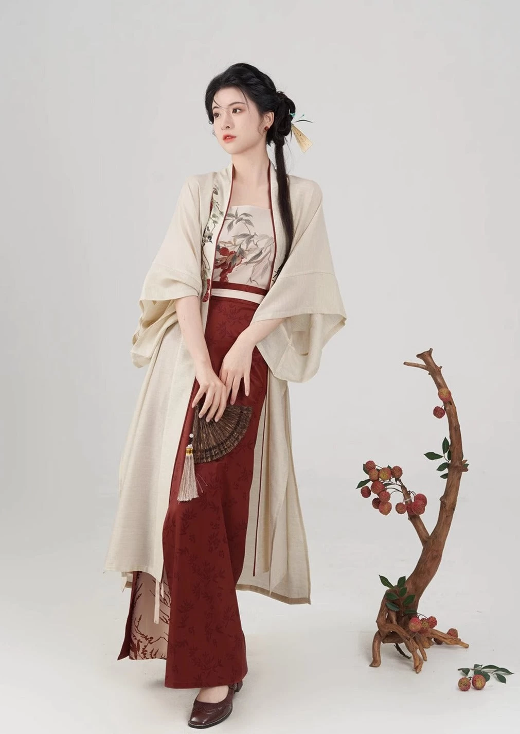 Women Modern Daily Hanfu 3-Piece Set Lychee Magpie Print| HANFUBAO