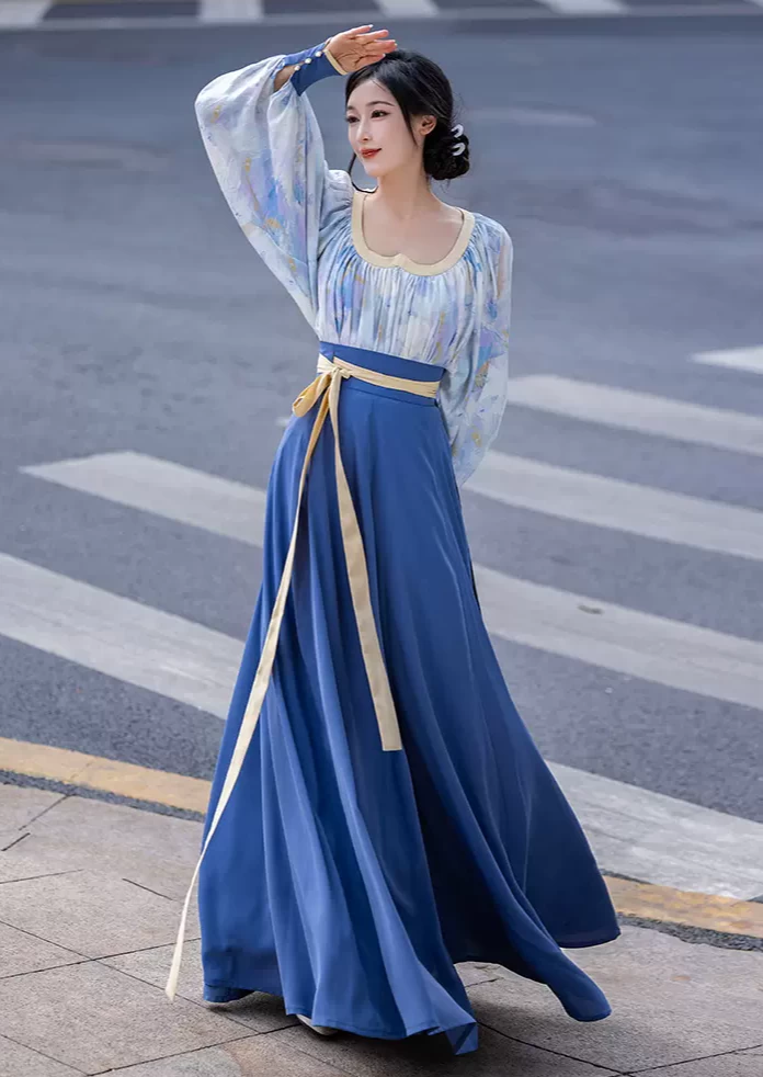 Women Modern Hanfu 2-Piece Artificial Silk Set, Van Gogh Sea Print | HANFUBAO