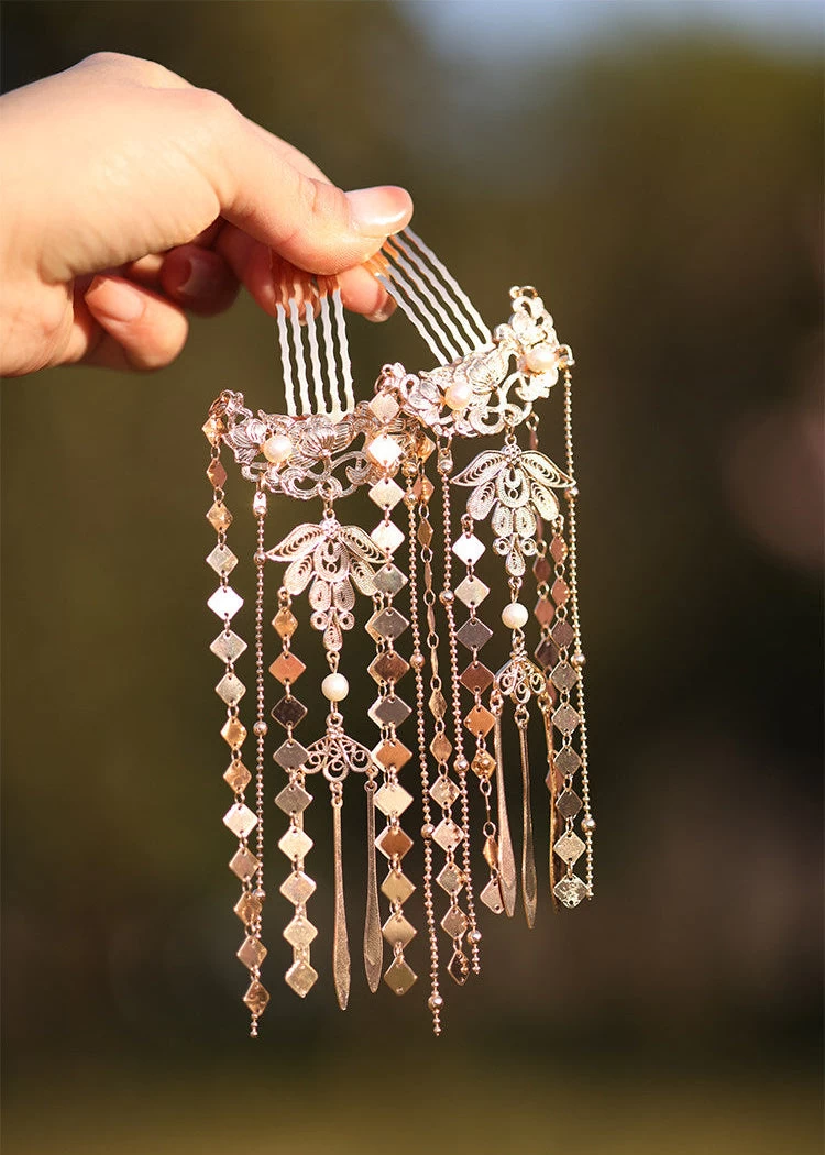 Women Metal Tassel Hairpins Gold Elegant Hanfu Wedding Party | HANFUBAO