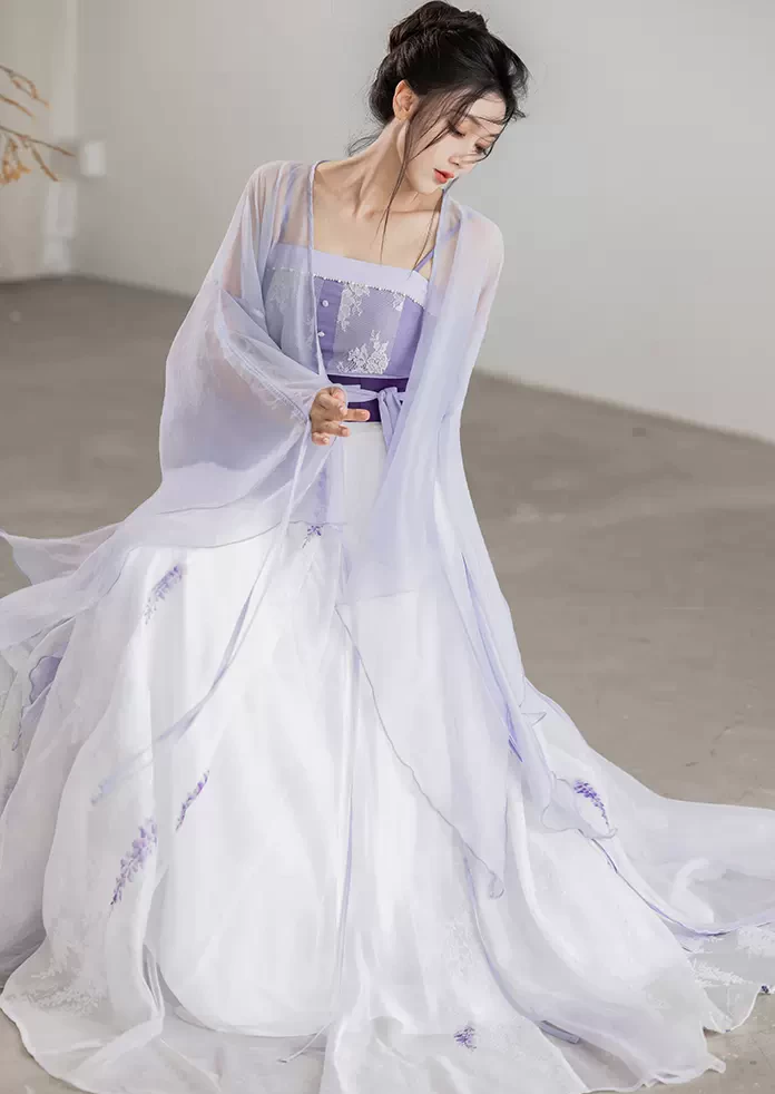 Women’s Artificial Silk Modern Hanfu 3-Piece Set Purple Wisteria | HANFUBAO