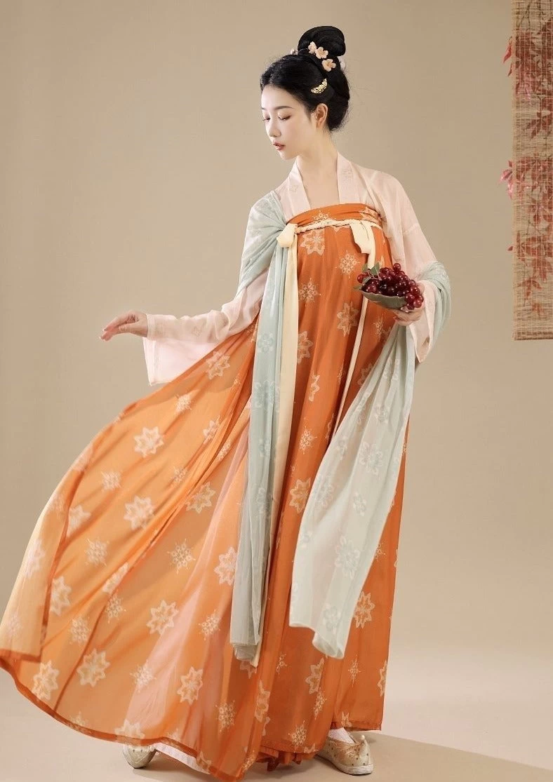 Women's Vintage Floral Embroidery Orange Chiffon Hanfu Dress Set| HANFUBAO